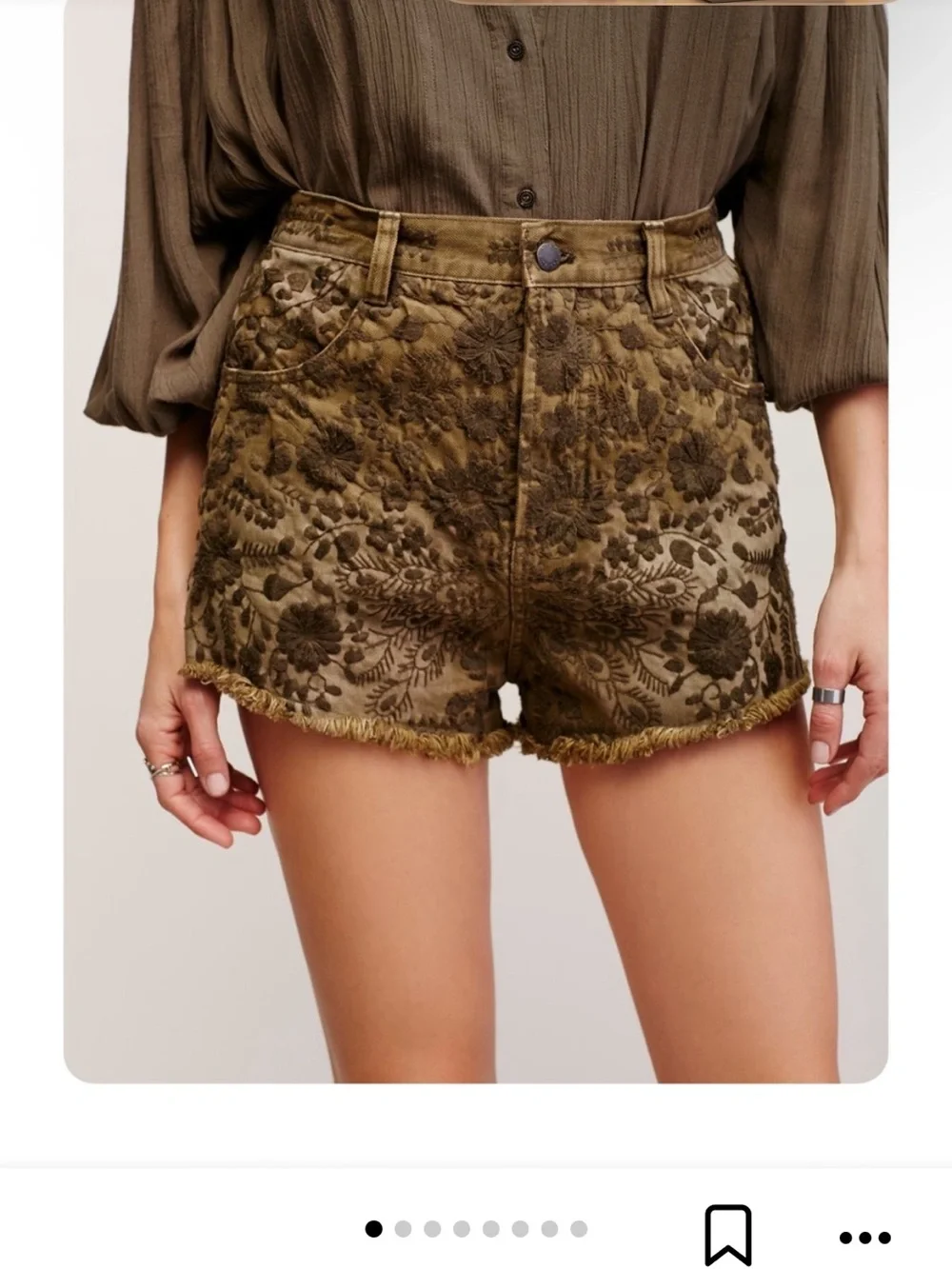 Free People Olive Green Ettiene Field Denim Shorts w/ Floral Embroidery